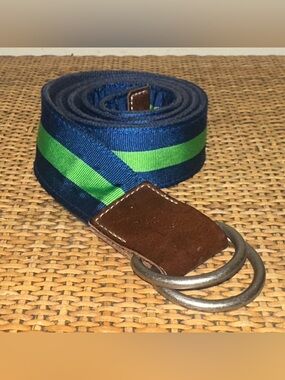 Daniel Cremieux Belt D-ring Mens Size 34” Canvas Stripe Leather Trim Green Blue